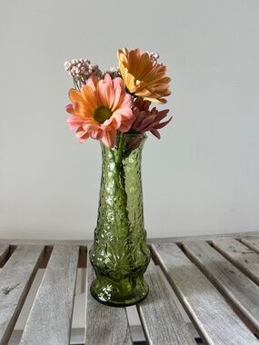 Vintage Green Textured Glass Vase | Mid Century Style Bud Vase Cottagecore Decor